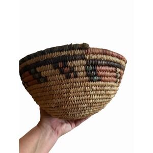 Hand Made Woven Bowl Natural Dyed Fiber Color Patten‎ 11in/5in/5.5in Rustic Vtg